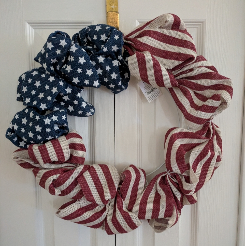 NWT Burlap Stars and Stripes American USA Flag Wreath